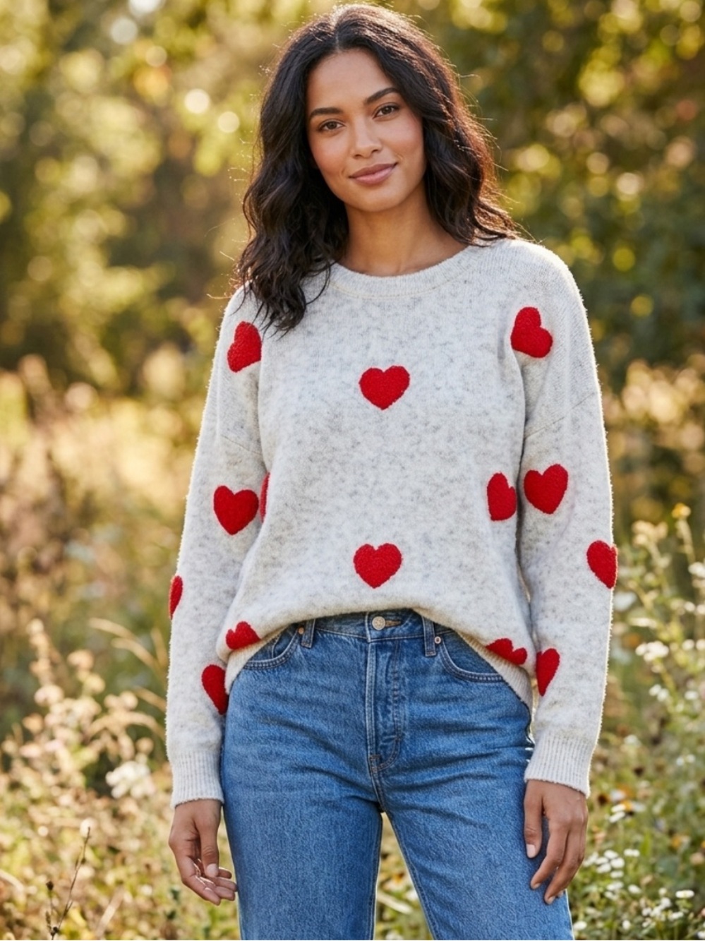 💕NEW! POL Cozy Cream Sweater with Red Heart Motif